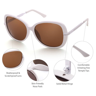 Oversized Metal Polarized Women Sunglasses Shades White Frame (Brown Lens)