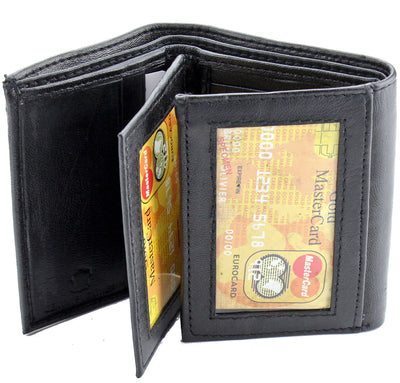 Mens Black Genuine Leather Trifold Wallet ID Window Credit Card Case Holder