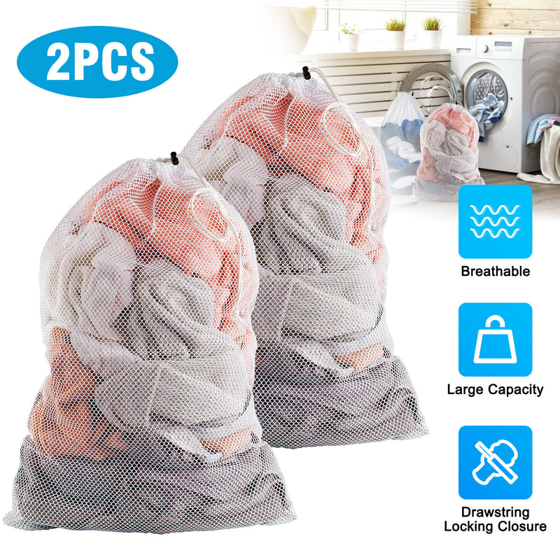 2Pcs Heavy Duty Laundry Bag Large Mesh Wash Clothes with Drawstring Top Closure