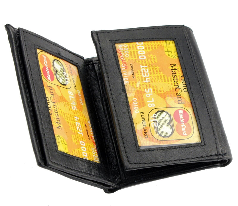 Mens Black Genuine Leather Trifold Wallet ID Window Credit Card Case Holder