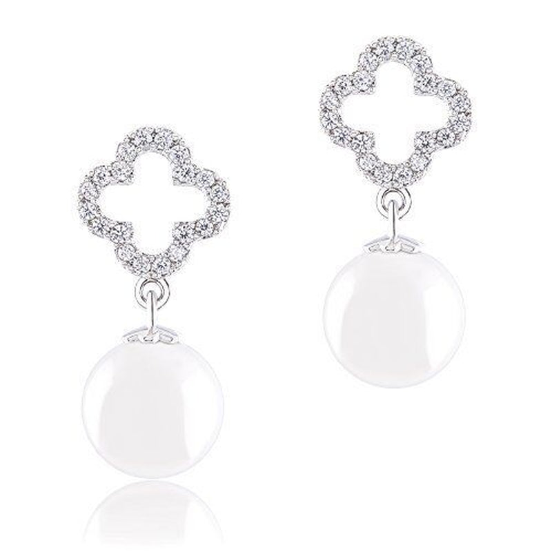 18K White Gold Plated Cubic Zirconia Clover Drop Earrings (10-10.5 Mm)