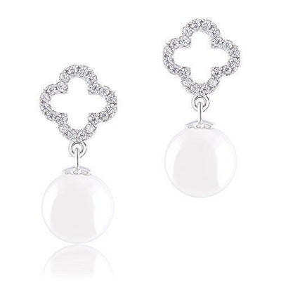 18K White Gold Plated Cubic Zirconia Clover Drop Earrings (10-10.5 Mm)