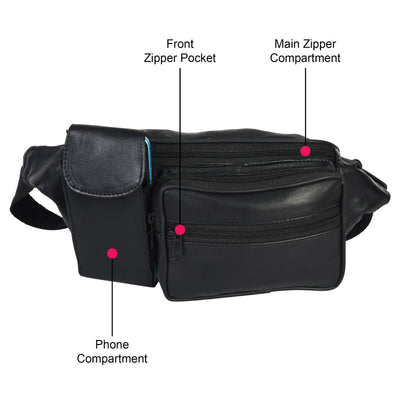 New Black Pure Leather Fanny Pack Waist Bag Adjustable Travel Pouch Cell Phone