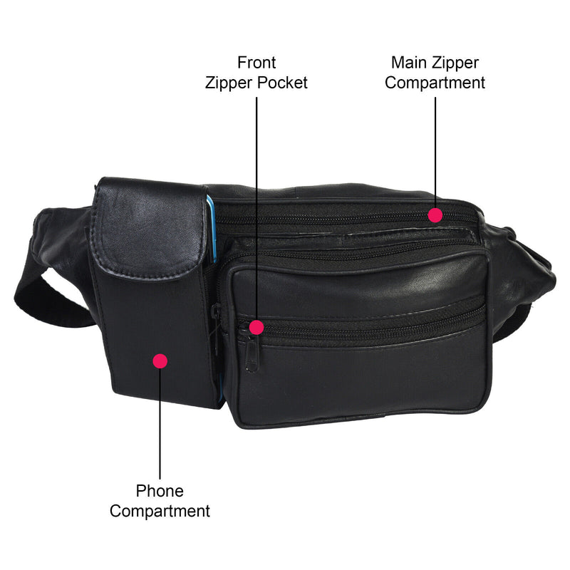 New Black Pure Leather Fanny Pack Waist Bag Adjustable Travel Pouch Cell Phone
