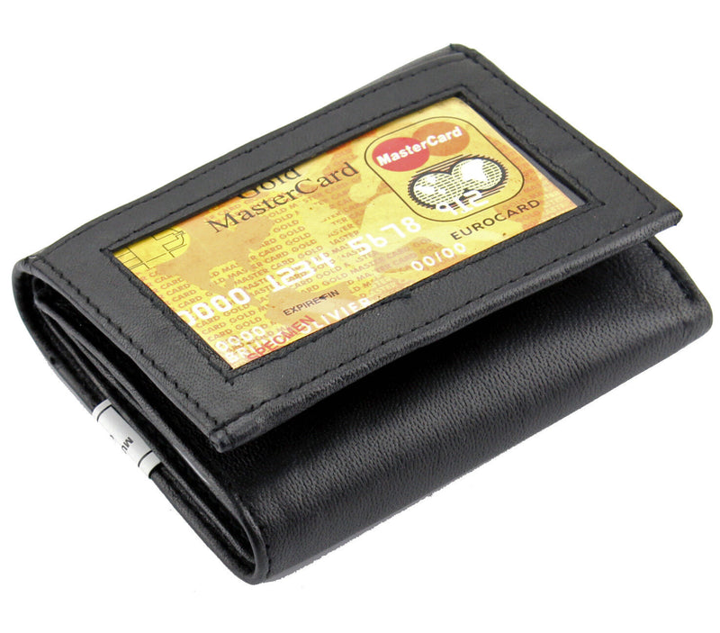 Mens Black Genuine Leather Trifold Wallet ID Window Credit Card Case Holder