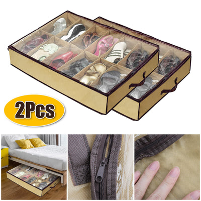 Under Bed Shoe Storage Organizer Holder Closet Box Bag with Zipper 2Pcs 12 Pairs 