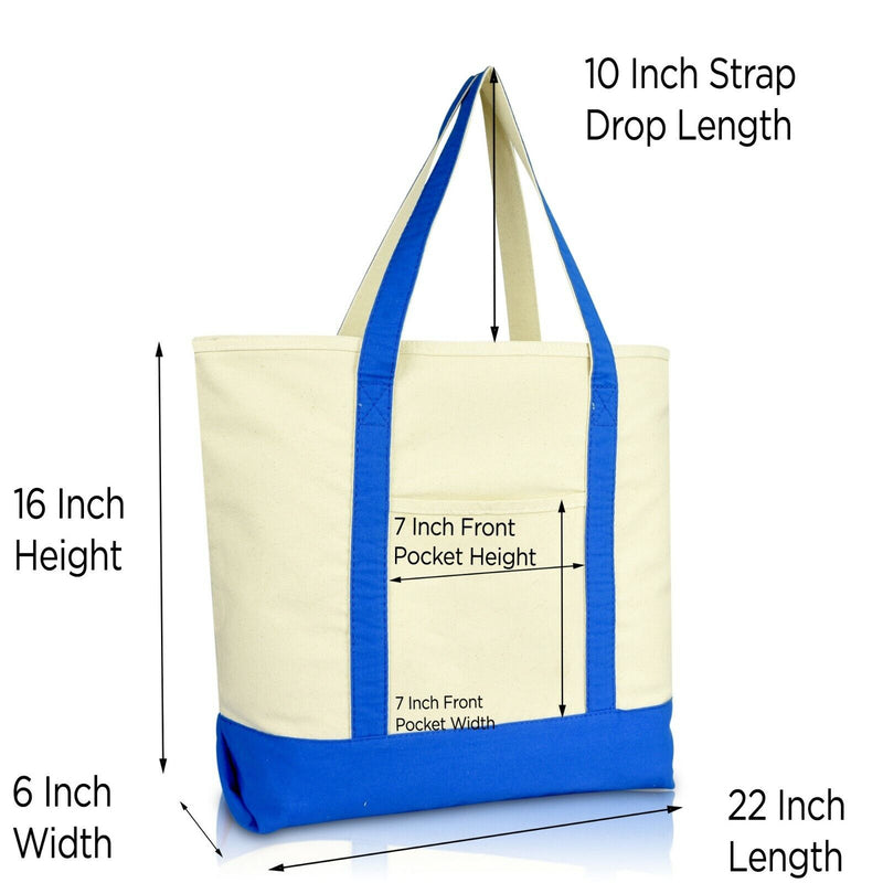 Large Cotton Canvas Zippered Shopping Tote Grocery Bag Blue