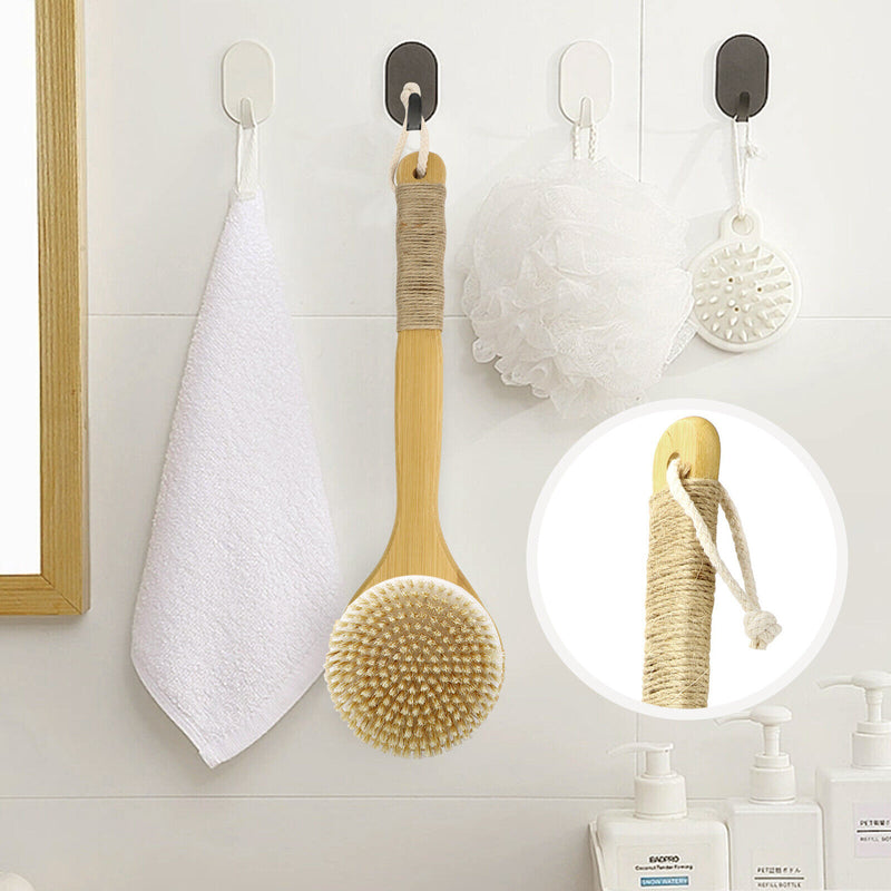 Bath Body Brush Soft Bristles Shower Back Scrubber Anti-Slip Long Bamboo Handle