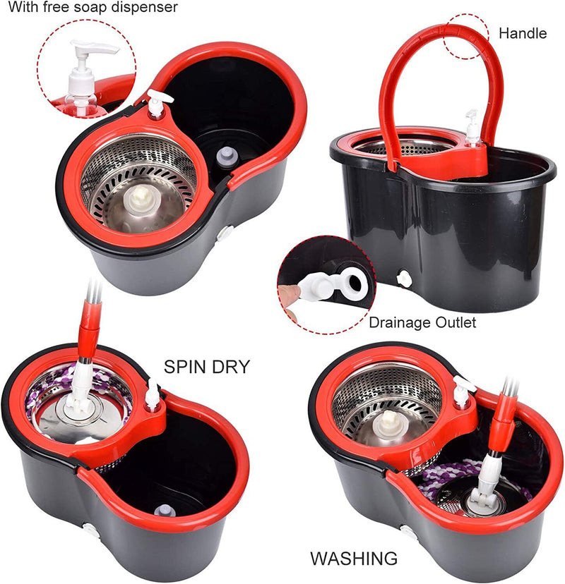 Rotating Head Easy Spin Dry Floor Mop Bucket with 3x Head Microfiber Spinning