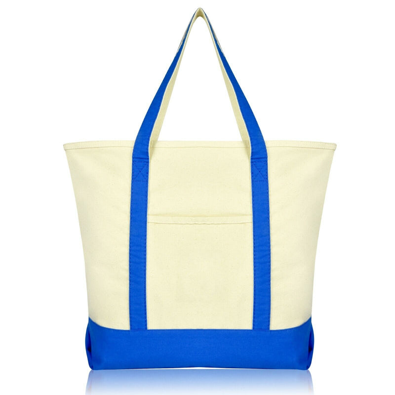 Large Cotton Canvas Zippered Shopping Tote Grocery Bag Blue