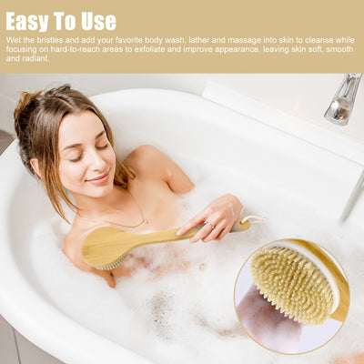 Bath Body Brush Soft Bristles Shower Back Scrubber Anti-Slip Long Bamboo Handle