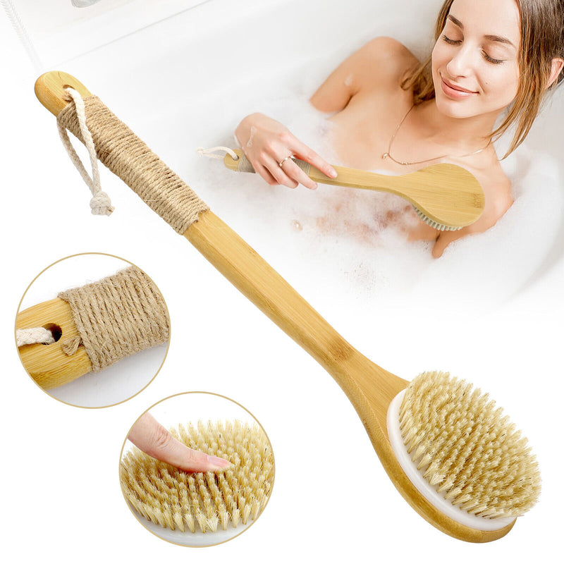 Bath Body Brush Soft Bristles Shower Back Scrubber Anti-Slip Long Bamboo Handle