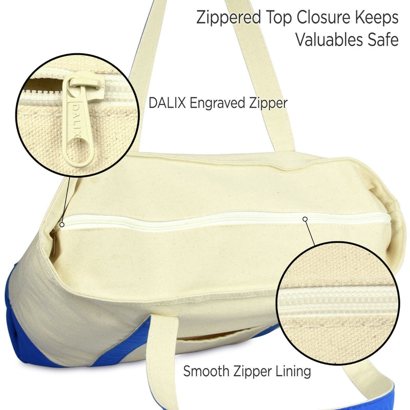 Large Cotton Canvas Zippered Shopping Tote Grocery Bag Blue