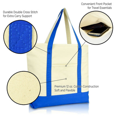 Large Cotton Canvas Zippered Shopping Tote Grocery Bag Blue
