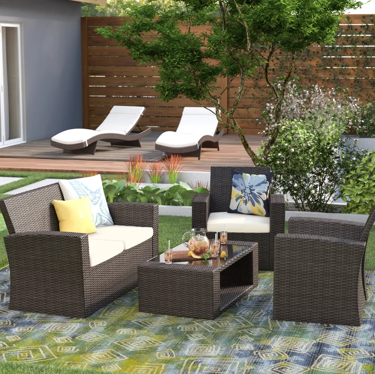 4-Person Outdoor Patio Rattan Furniture Set, Alfresco Garden Outdoor Patio Wicker Chairs and Coffee Table