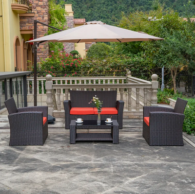 4-Person Outdoor Patio Rattan Furniture Set, Alfresco Garden Outdoor Patio Wicker Chairs and Coffee Table