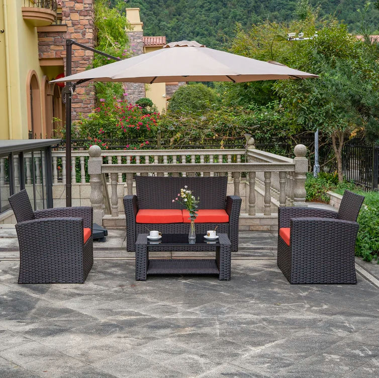 4-Person Outdoor Patio Rattan Furniture Set, Alfresco Garden Outdoor Patio Wicker Chairs and Coffee Table