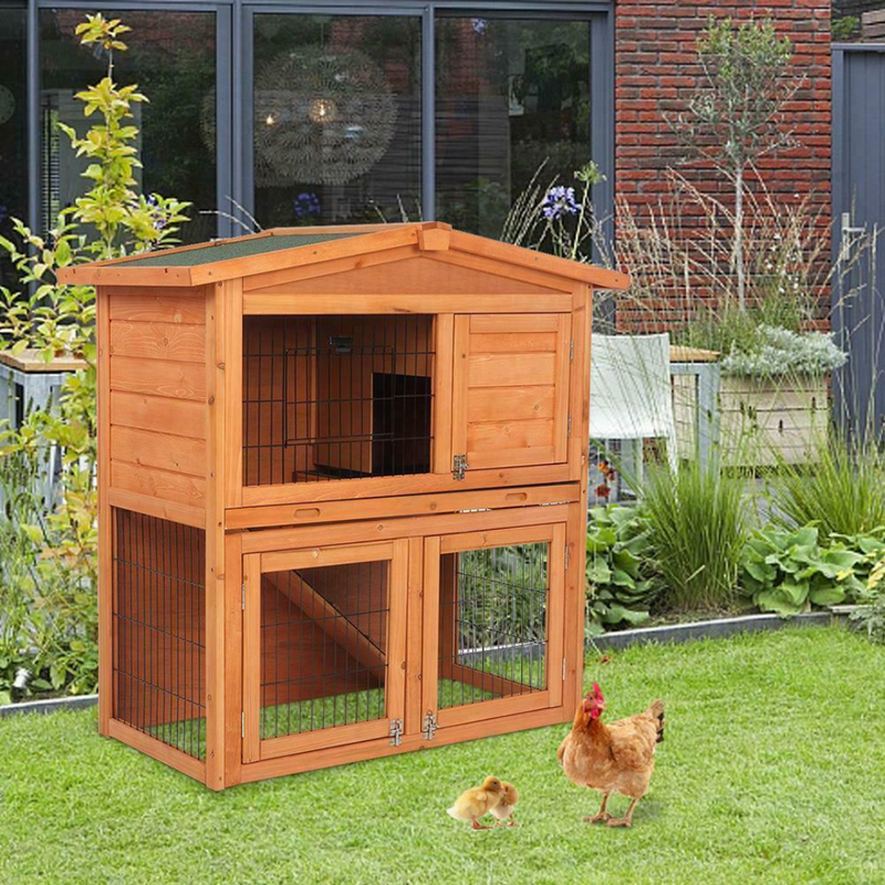 40" Wooden Chicken House Coop Hen Rooster Cage with Chicken Run Ramp and Pull Out Tray