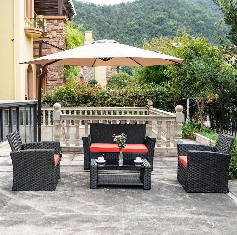 4-Person Outdoor Patio Rattan Furniture Set, Alfresco Garden Outdoor Patio Wicker Chairs and Coffee Table
