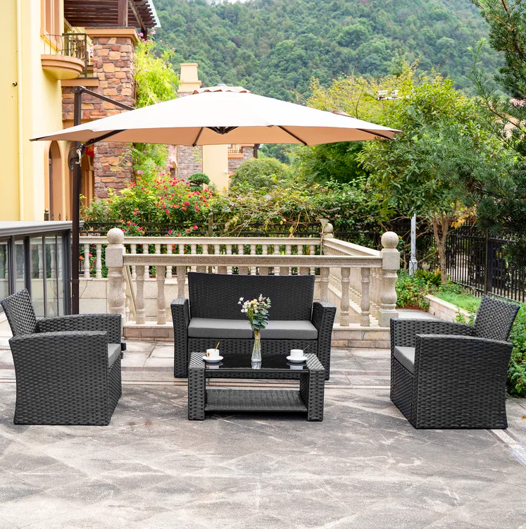 4-Person Outdoor Patio Rattan Furniture Set, Alfresco Garden Outdoor Patio Wicker Chairs and Coffee Table