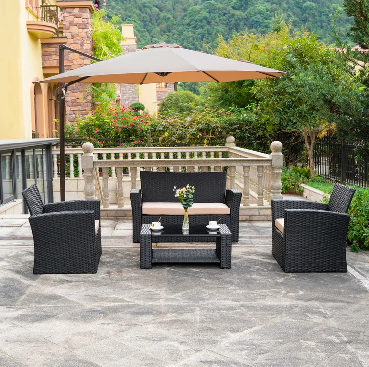 4-Person Outdoor Patio Rattan Furniture Set, Alfresco Garden Outdoor Patio Wicker Chairs and Coffee Table