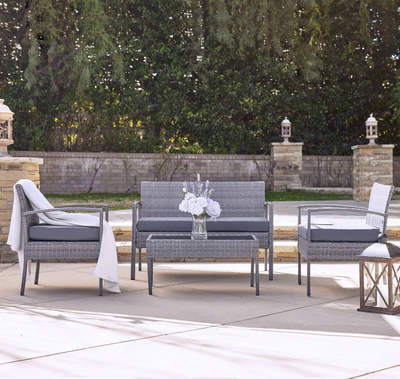 4 Pcs Wicker Outdoor Patio Garden Furniture Set, Rattan Sofa Chairs and Coffee Table