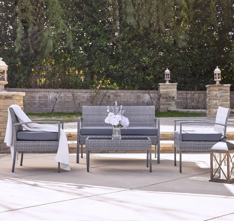 4 Pcs Wicker Outdoor Patio Garden Furniture Set, Rattan Sofa Chairs and Coffee Table