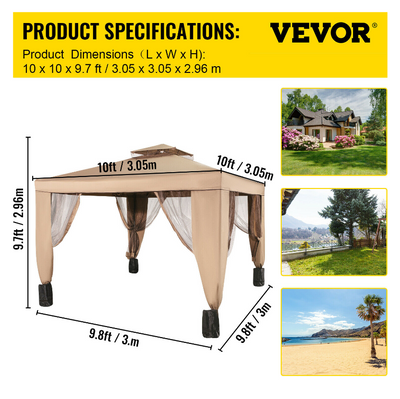 10x10 Feet Outdoor Patio Gazebo Pavilion Canopy Tent Steel 2-Tier with Mask
