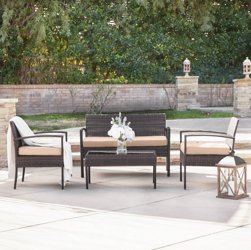 4 Pcs Wicker Outdoor Patio Garden Furniture Set, Rattan Sofa Chairs and Coffee Table