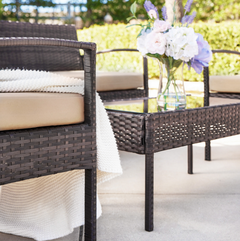 4 Pcs Wicker Outdoor Patio Garden Furniture Set, Rattan Sofa Chairs and Coffee Table
