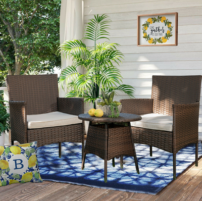 3Pcs Outdoor Wicker Chair Set Rattan Patio Furniture Seat Cushions with Round Coffee Table