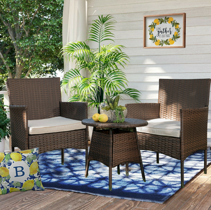 3Pcs Outdoor Wicker Chair Set Rattan Patio Furniture Seat Cushions with Round Coffee Table