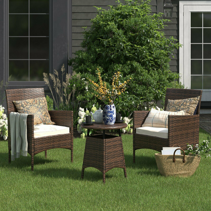 3Pcs Outdoor Wicker Chair Set Rattan Patio Furniture Seat Cushions with Round Coffee Table