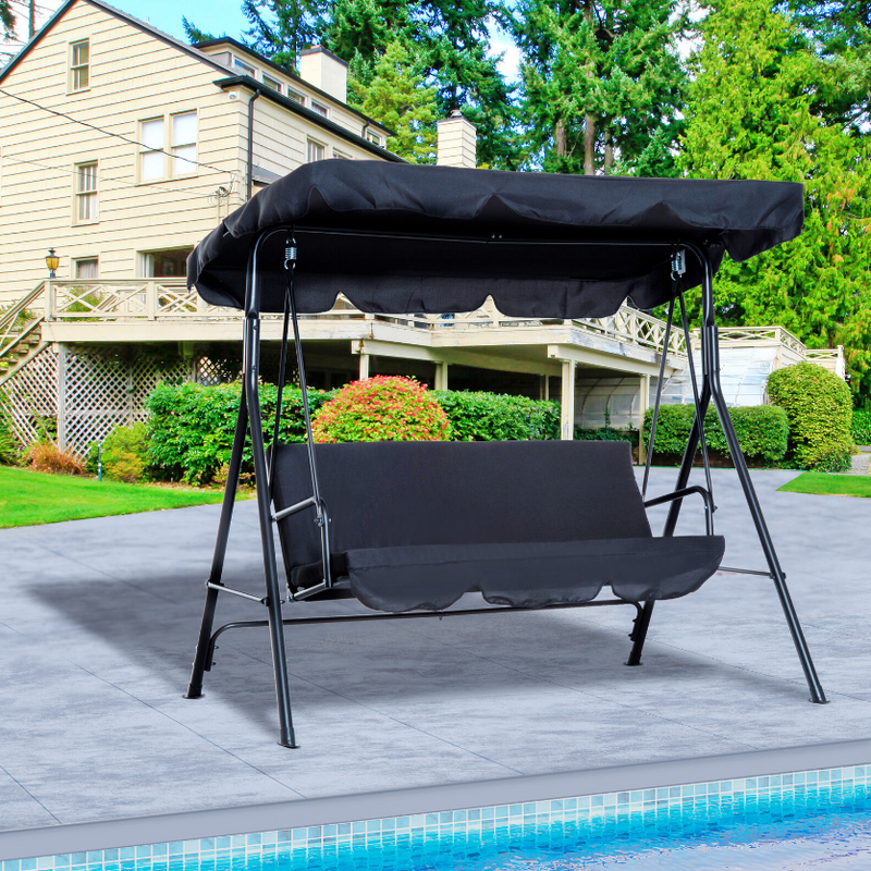 3-Seat Outdoor Porch Swing Hammock Bench Lounge Steel Padded Chair with Canopy