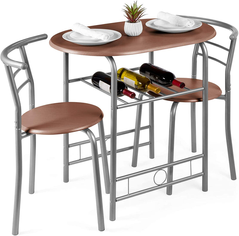 3 Pcs Dining Room Bistro Set, Table and Chairs with Built-in Wine Rack