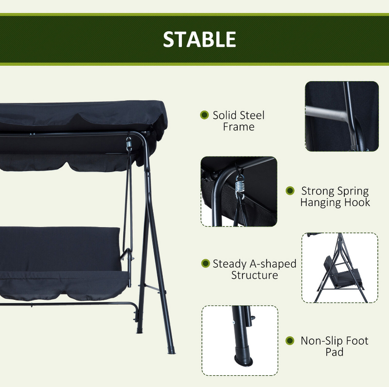 3-Seat Outdoor Porch Swing Hammock Bench Lounge Steel Padded Chair with Canopy