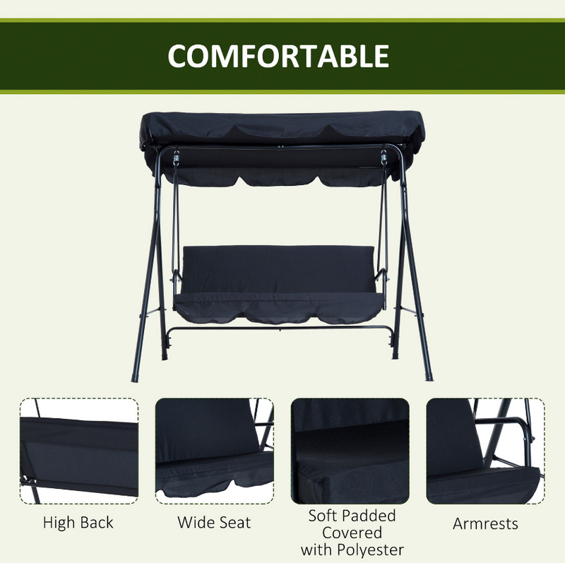 3-Seat Outdoor Porch Swing Hammock Bench Lounge Steel Padded Chair with Canopy