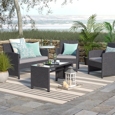 Set of 4 Rattan Wicker Patio Furniture Set, Outdoor Patio Garden Table and Chairs