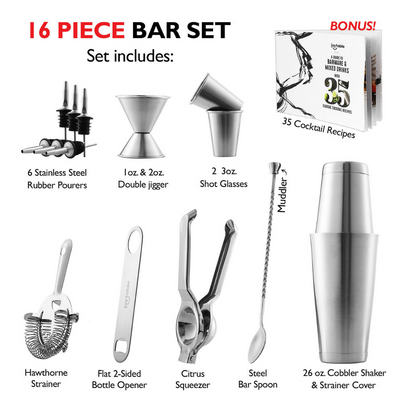 16 Pcs Bartender Kit Complete Cocktail Shaker Bar Tools Set with Lemon Squeezer