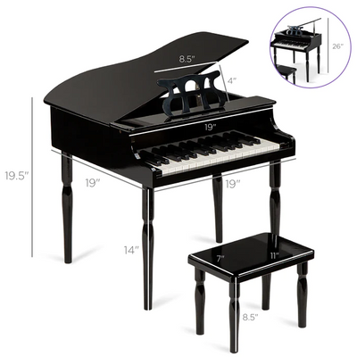 Kids Mini Wooden Grand Piano Keyboard with Piano Bench Music Rack Song Book and Stickers
