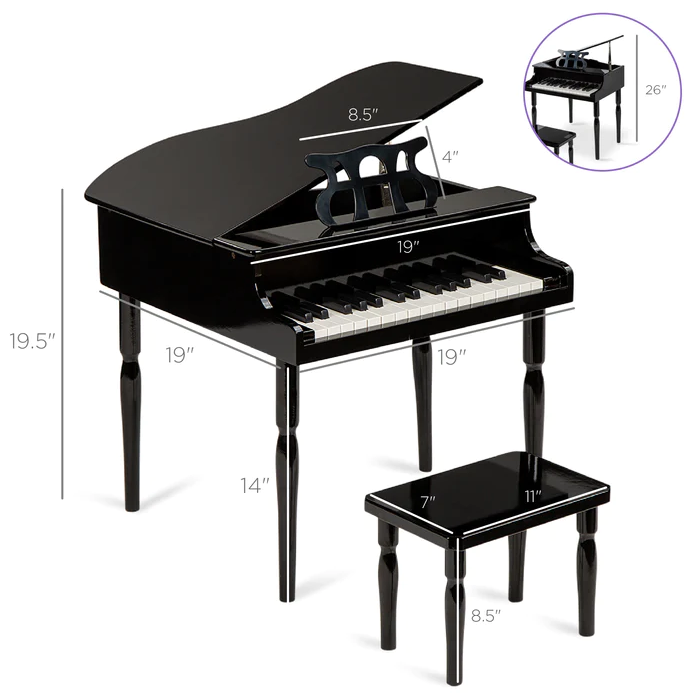 Kids Mini Wooden Grand Piano Keyboard with Piano Bench Music Rack Song Book and Stickers
