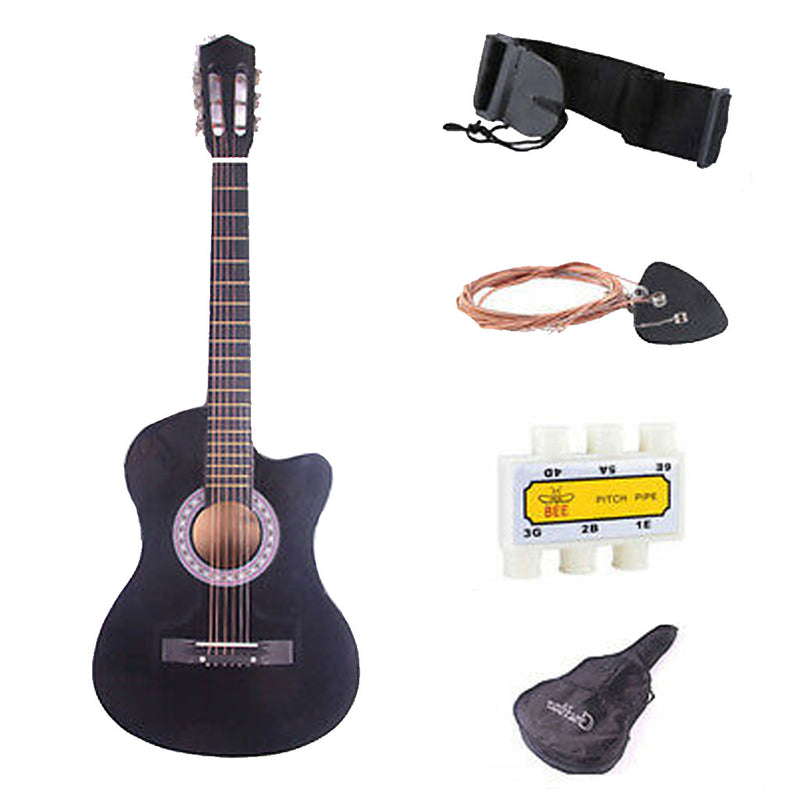 38" Black Electric Acoustic Guitar Cutaway Design with Guitar Case Strap