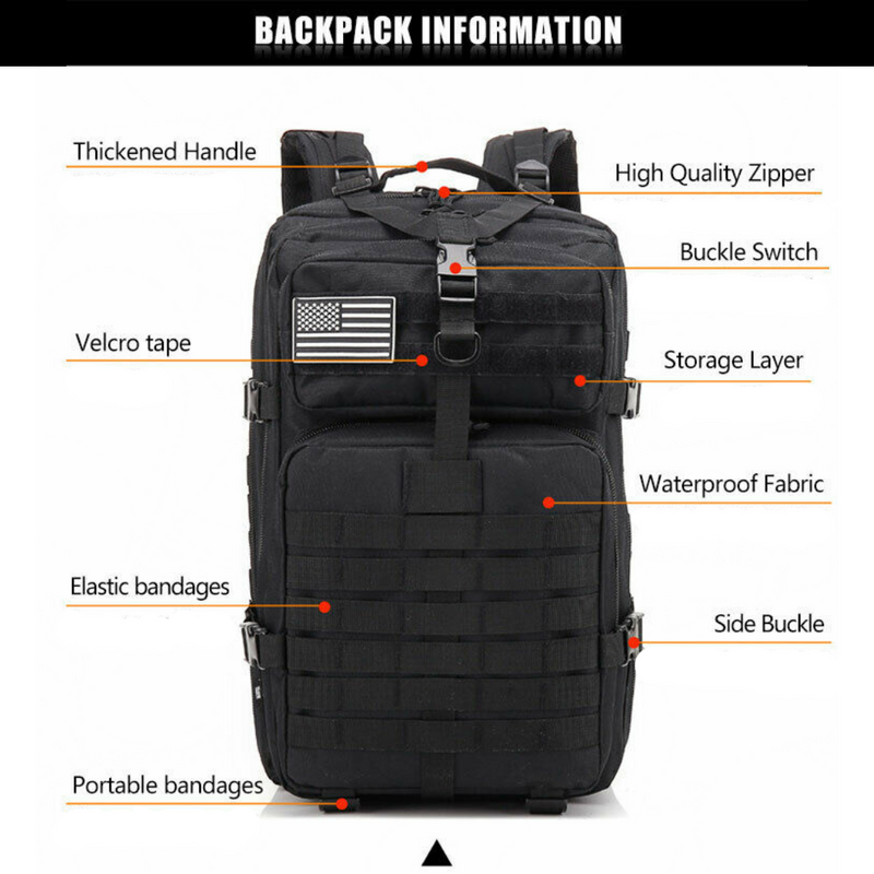 Black 45L Tactical Military Backpack Rucksack Bag Survival Camping Hiking Trekking Travel Backpack
