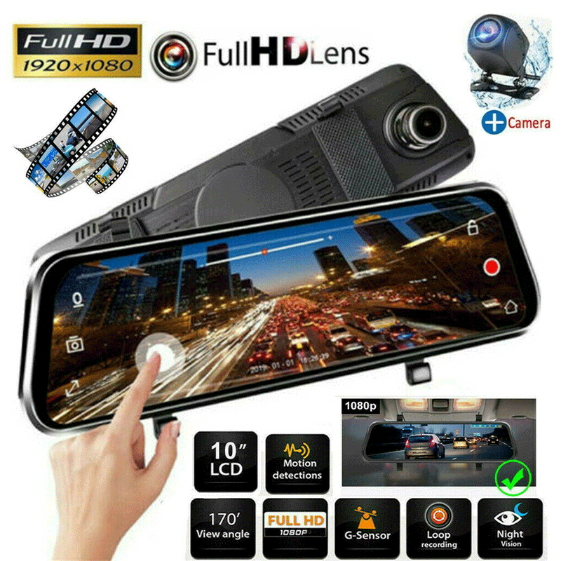 10" HD 1080P Dual Lens Car DVR Dash Cam Video Camera Recorder Rearview Mirror US