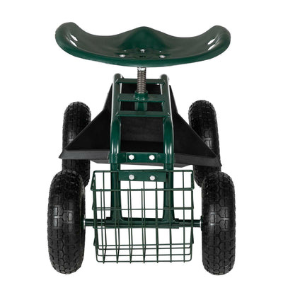 Garden Tool Cart Rolling Scooter w/ 360° Swivel Seat & Basket Outdoor Yard Lawn