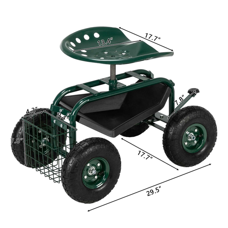 Garden Tool Cart Rolling Scooter w/ 360° Swivel Seat & Basket Outdoor Yard Lawn