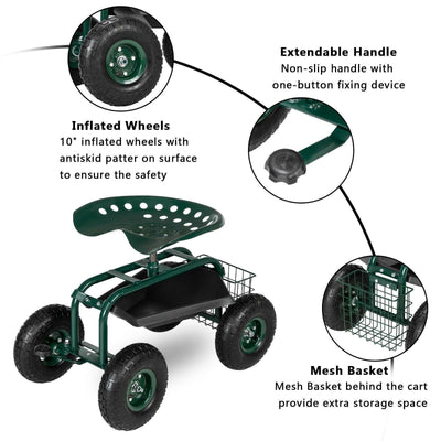 Garden Tool Cart Rolling Scooter w/ 360° Swivel Seat & Basket Outdoor Yard Lawn