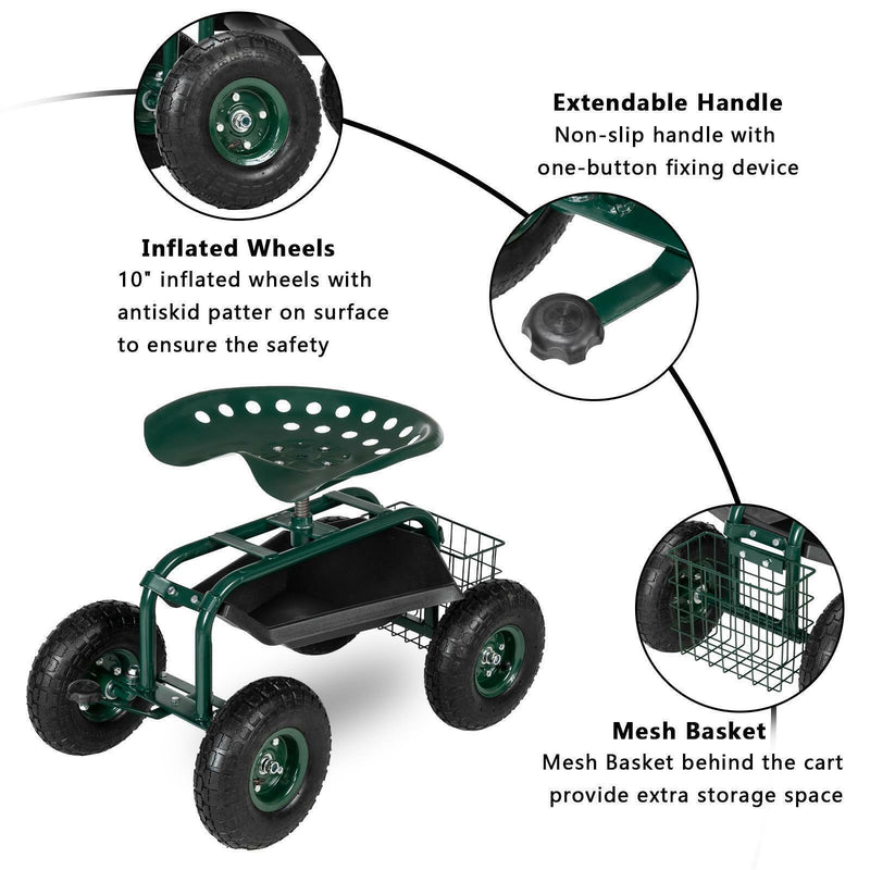 Garden Tool Cart Rolling Scooter w/ 360° Swivel Seat & Basket Outdoor Yard Lawn