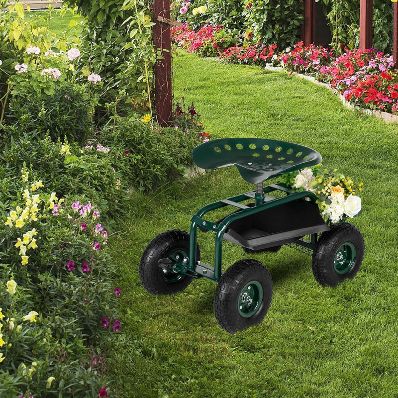Garden Tool Cart Rolling Scooter w/ 360° Swivel Seat & Basket Outdoor Yard Lawn