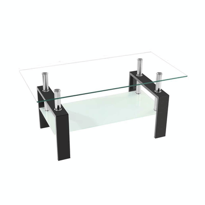 Black Rectangular Glass Coffee Center Table Shelf Living Room Furniture